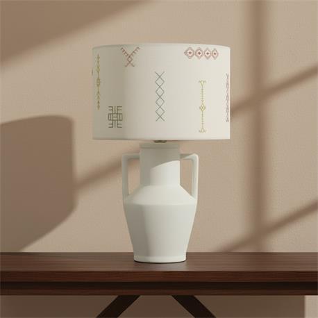 Lámpara de Mesa JADE Cerámica Blanca con Pantalla Bordada