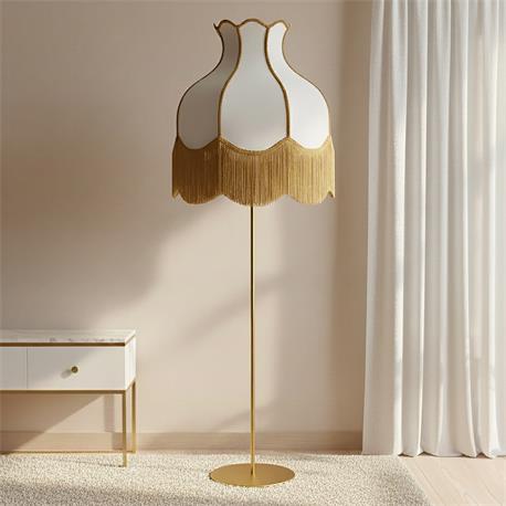 Lámpara Pie de Salón SANCHICA C/P Blanca Flecos Oro Base Oro