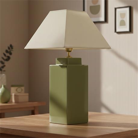 Lámpara de Mesa ALBA Cerámica Verde Metal Oro Con Pantalla