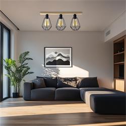 Plafón de Madera y Metal Negro con 3 Luces | Serie HANAE
