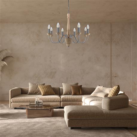 LAMPARA ADELA MADERA 8 LUCES E14 VELA XTRELAMP